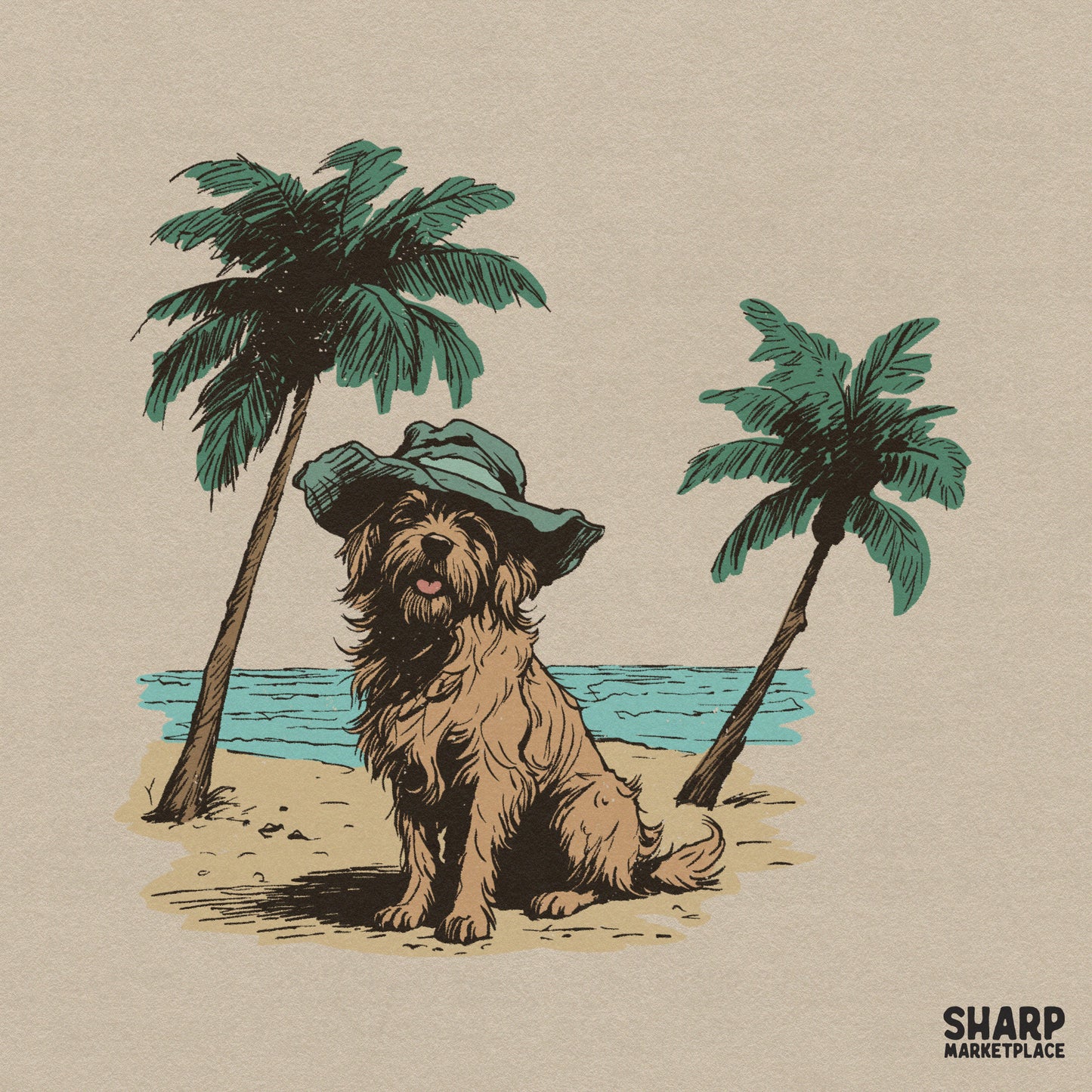 Retro scruffy dog wearing a floppy hat on the beach with palm trees, funny summer png sublimation shirt design