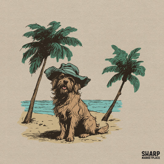 Retro scruffy dog wearing a floppy hat on the beach with palm trees, funny summer png sublimation shirt design
