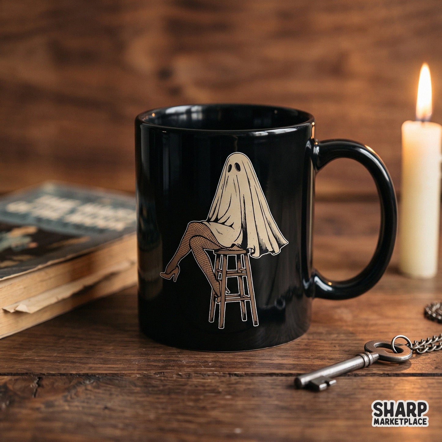 Funny sheet ghost in fishnet stockings sitting on a stool halloween png design for custom t-shirts and apparel