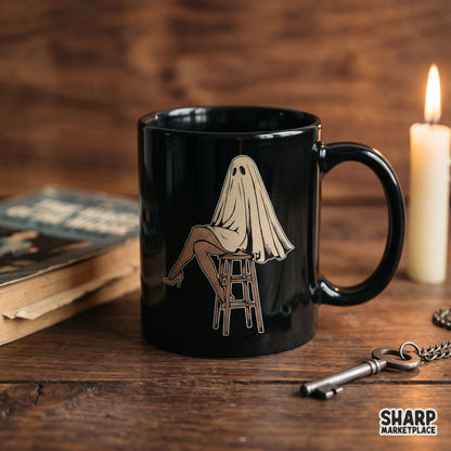 Funny sheet ghost in fishnet stockings sitting on a stool halloween png design for custom t-shirts and apparel