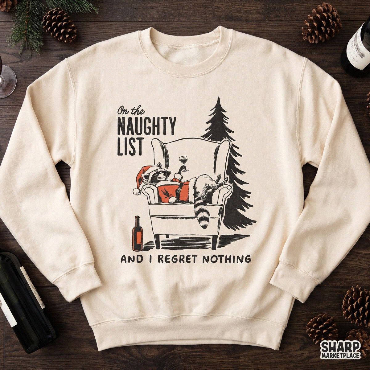 Funny raccoon Christmas Santa PNG sublimation design for shirt print with On The Naughty List quote