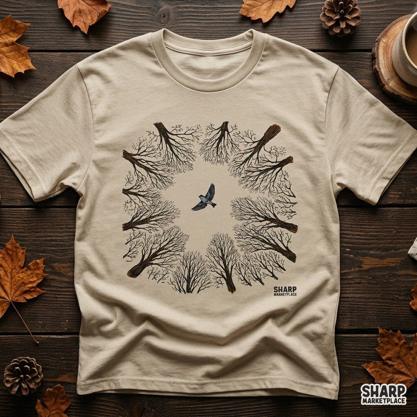 Bird Flying Through Tree Canopy Circle PNG, Vintage Winter