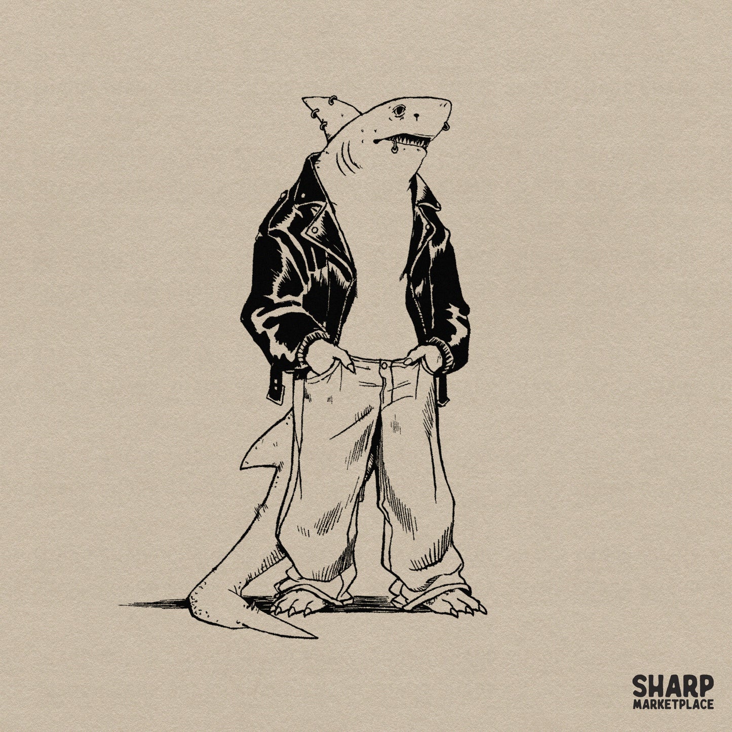 Edgy anthropomorphic shark in a leather jacket and baggy jeans y2k streetwear shirt png graphic