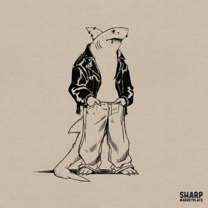 Edgy anthropomorphic shark in a leather jacket and baggy jeans y2k streetwear shirt png graphic