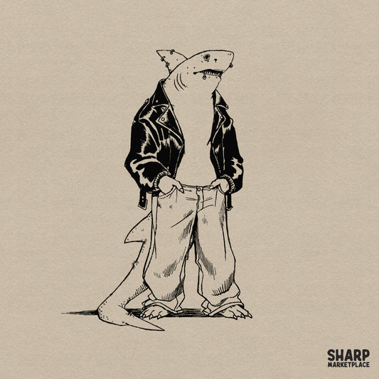 Edgy anthropomorphic shark in a leather jacket and baggy jeans y2k streetwear shirt png graphic