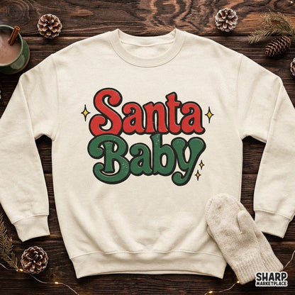 Santa Baby vintage script graphic in retro holiday typography for Christmas shirts and holiday apparel