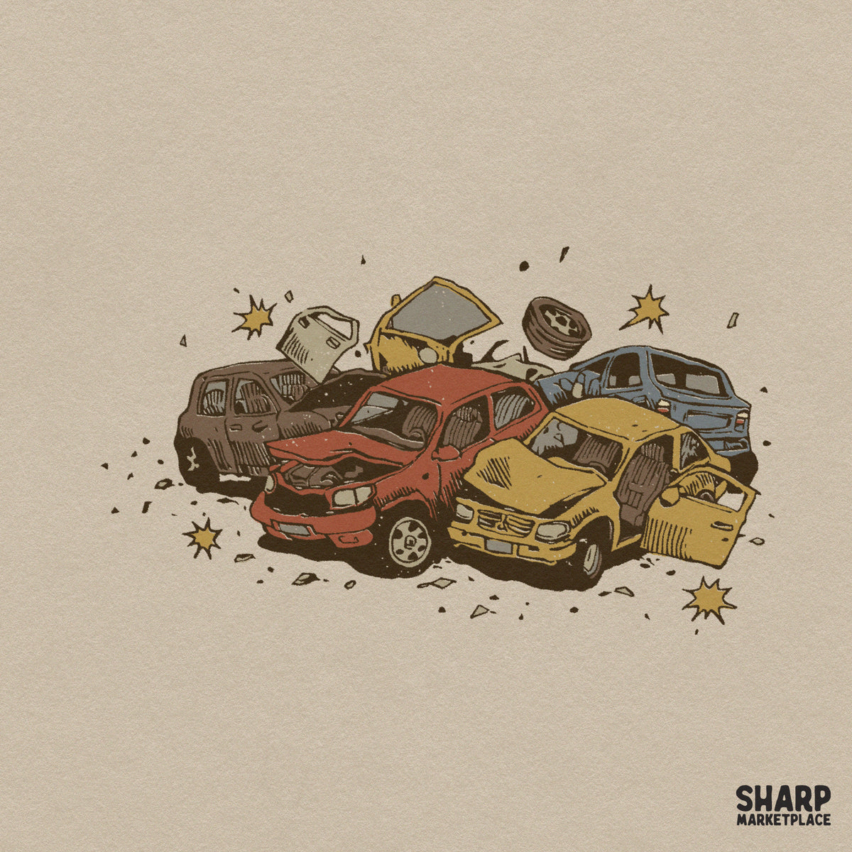 Colorful retro PNG sublimation graphic featuring a pile of crushed cars in an auto junkyard scene for t-shirts