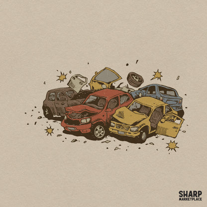 Colorful retro PNG sublimation graphic featuring a pile of crushed cars in an auto junkyard scene for t-shirts
