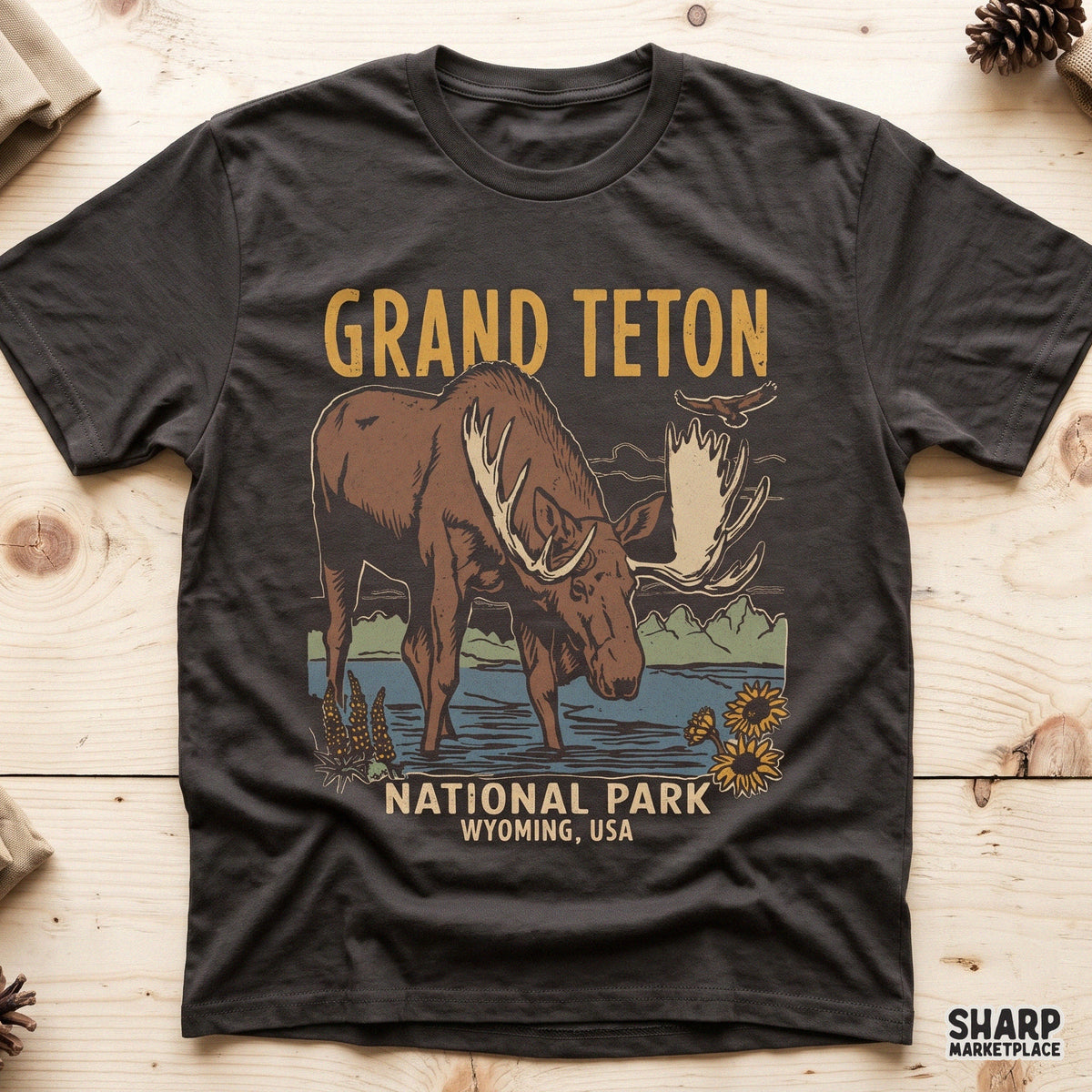 Vintage Grand Teton National Park moose design PNG featuring a nature mountain lake scene for western apparel