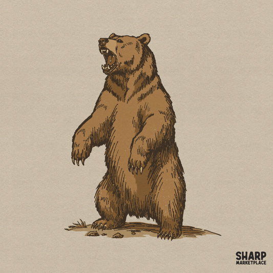Vintage sketch of a roaring grizzly bear in earthy brown tones, featuring detailed fur texture and an aggressive stance for wildlife-themed projects.