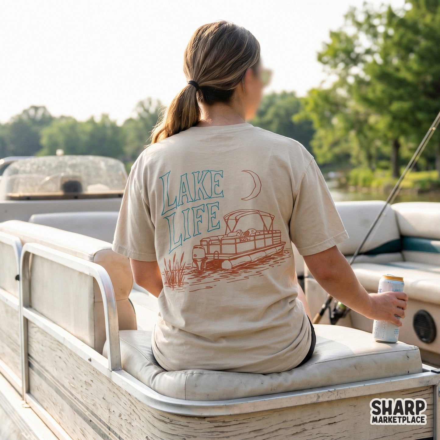 Retro summer pontoon boat Lake Life PNG with stars and river waves for vintage camping beach apparel sublimation design