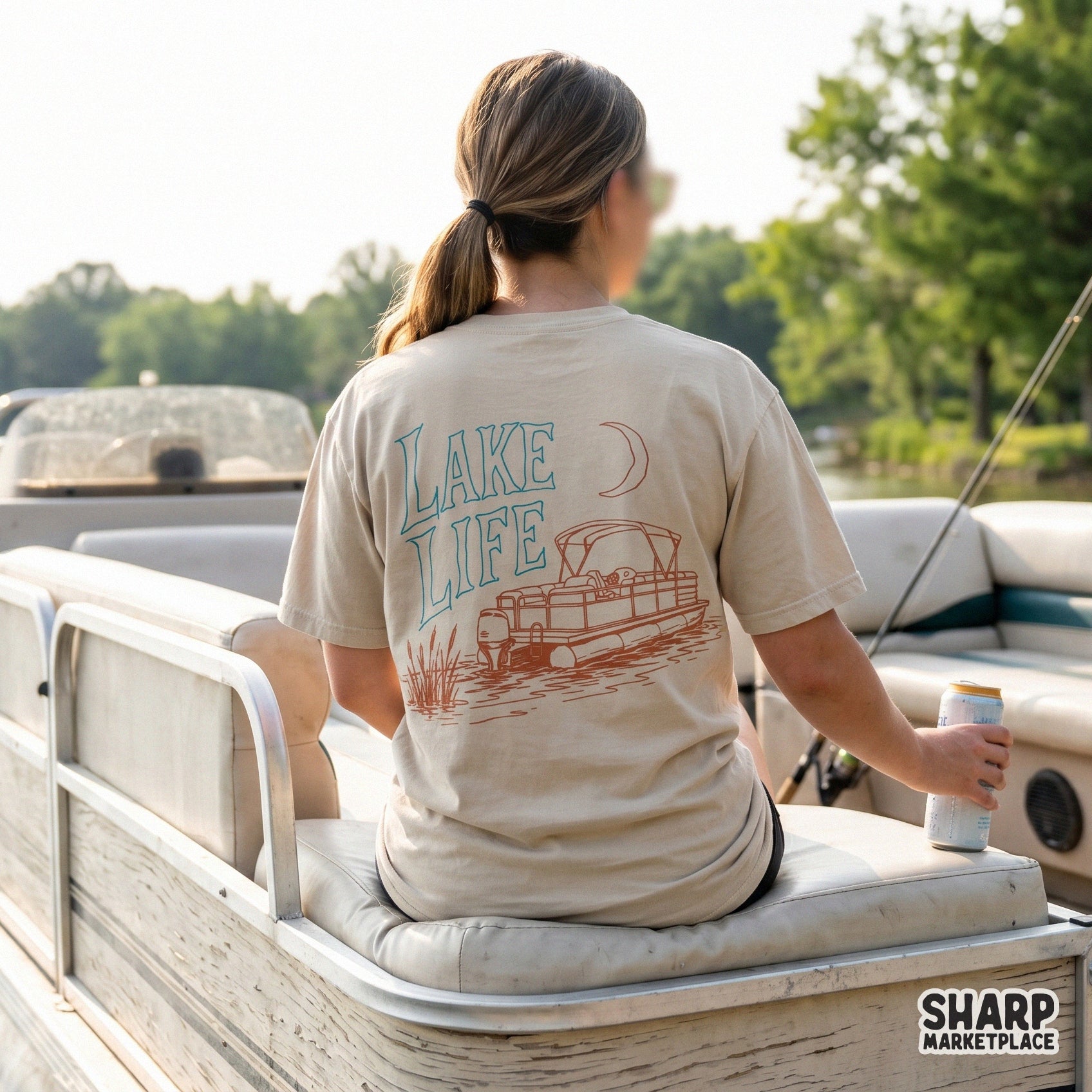 Retro summer pontoon boat Lake Life PNG with stars and river waves for vintage camping beach apparel sublimation design