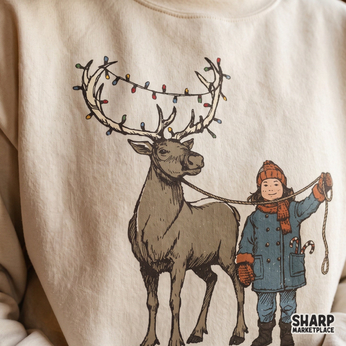 Vintage retro kid and reindeer with holiday lights sublimation graphic for Christmas shirts and winter decor