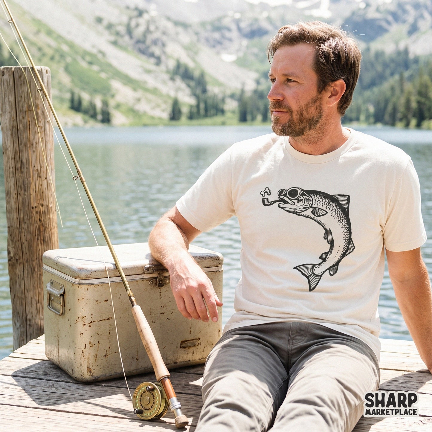 Retro funny fish smoking a pipe with sunglasses sublimation graphic for sarcastic Father's Day fishing apparel and stickers