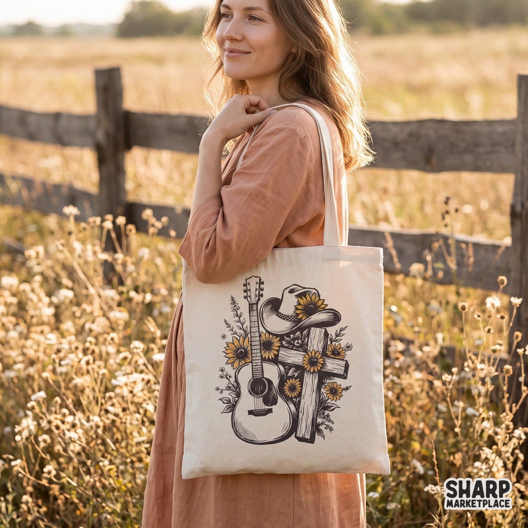 Hand drawn acoustic guitar with a wooden cross, cowboy hat, and retro sunflowers for a western country music shirt png