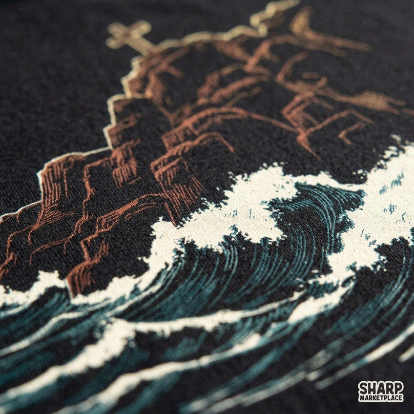Stormy ocean waves crashing against a cliff with a Christian cross faith PNG sublimation design