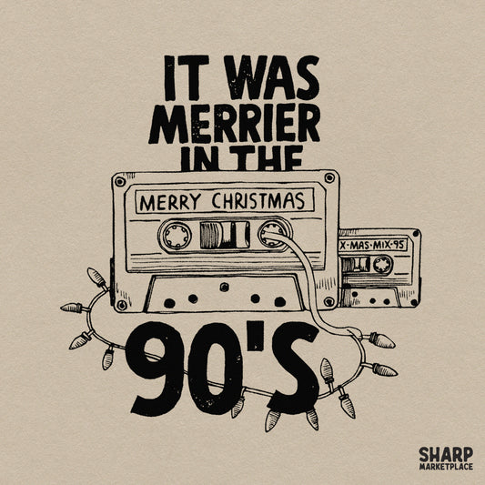 Retro black and white 90s Christmas cassette tape graphic for holiday sublimation and t-shirt designs
