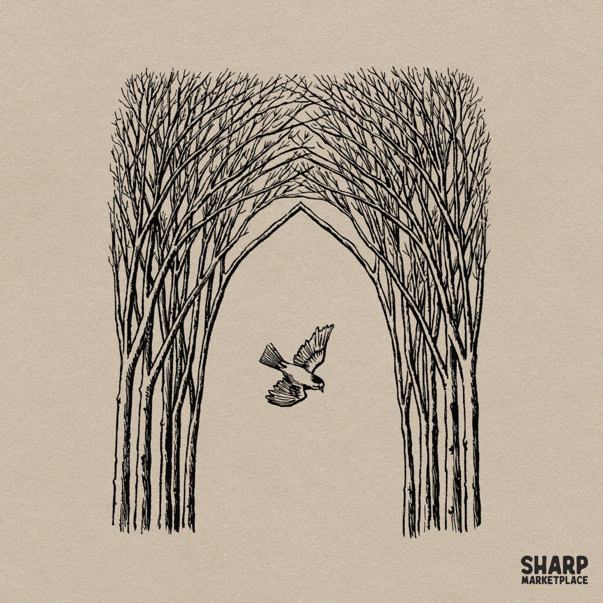 Bird Flying Through Gothic Tree Archway PNG, Dark Academia