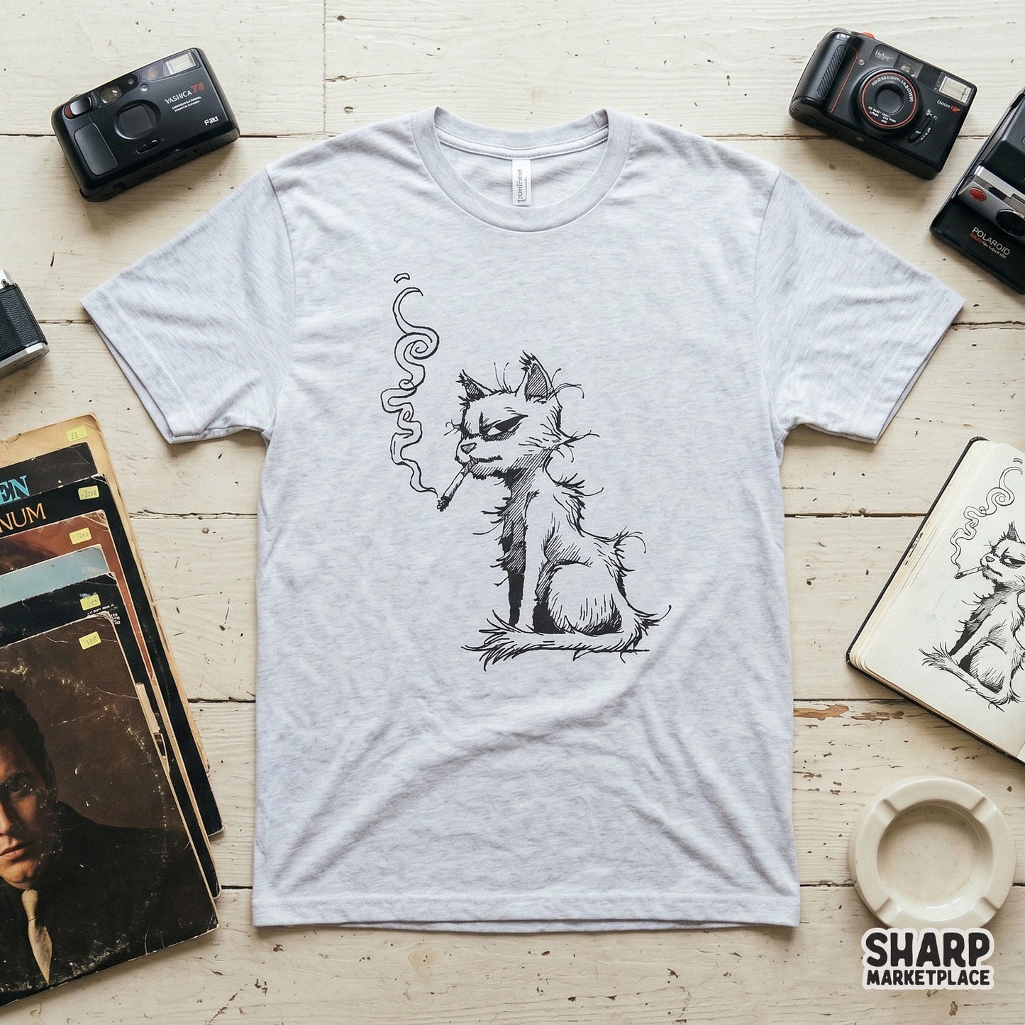 Funny scruffy cat smoking a cigarette vintage retro graphic design for animal lover sublimation shirts