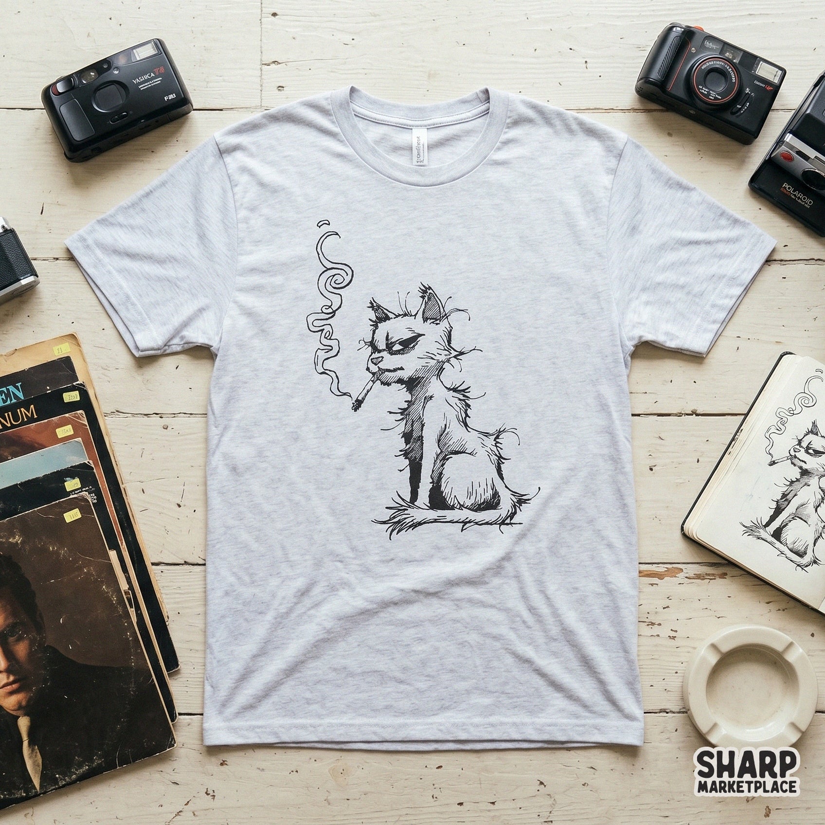 Funny scruffy cat smoking a cigarette vintage retro graphic design for animal lover sublimation shirts