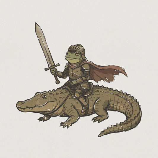 Frog Knight Riding Alligator PNG, Medieval Animal Art - 300 DPI Design