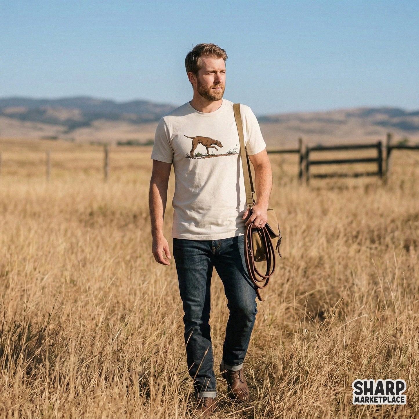 A brown pointer dog in a classic hunting stance printed on a cream t-shirt, featuring a rustic hand-drawn sketch style for outdoor apparel designs.