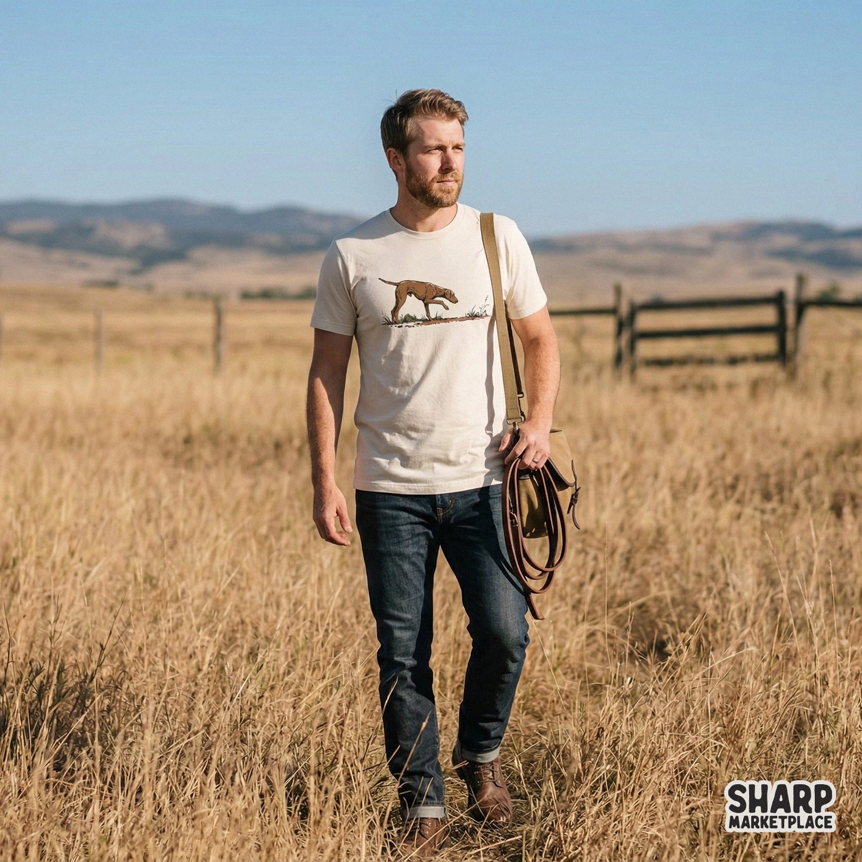 A brown pointer dog in a classic hunting stance printed on a cream t-shirt, featuring a rustic hand-drawn sketch style for outdoor apparel designs.
