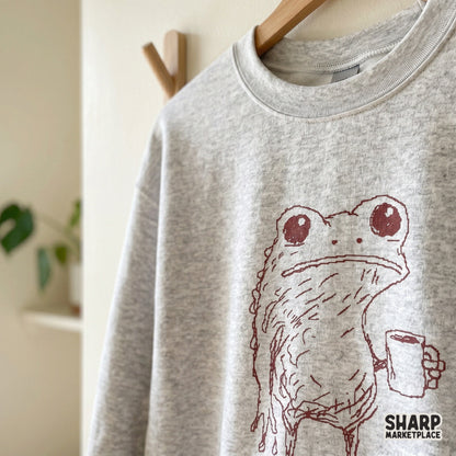 Sleepy Red Frog Holding Coffee Cup, Hand Drawn PNG Art - 300 DPI Design