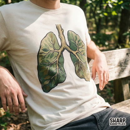 A beige t-shirt mockup showcasing a botanical lungs design with green foliage and organic branch textures for eco-friendly apparel printing.