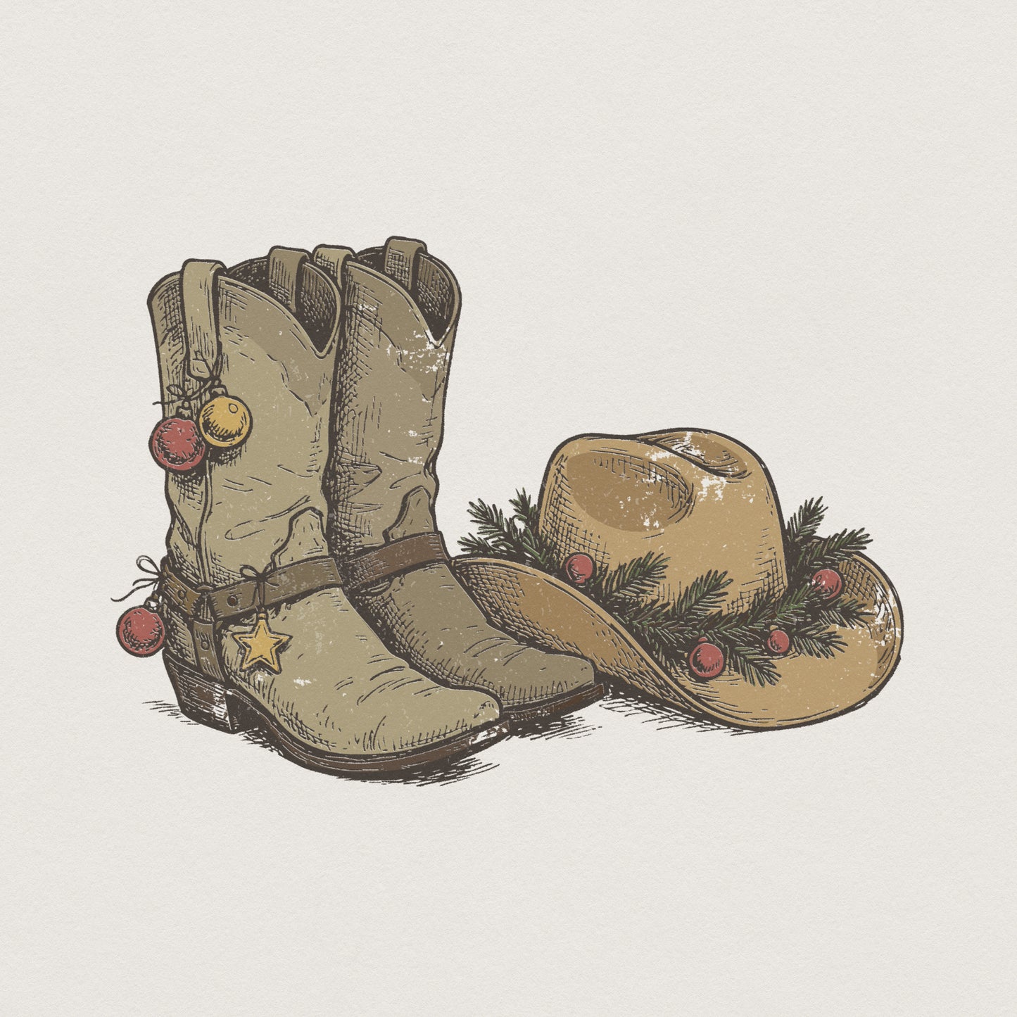 Cowboy Boots and Hat PNG, Western Christmas Design - 300 DPI Design for