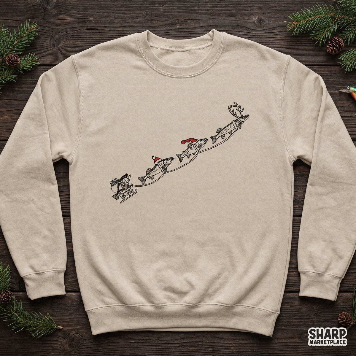 Santa bass sleigh pulled by flying reindeer trout, funny Christmas fishing PNG design for t-shirt prints