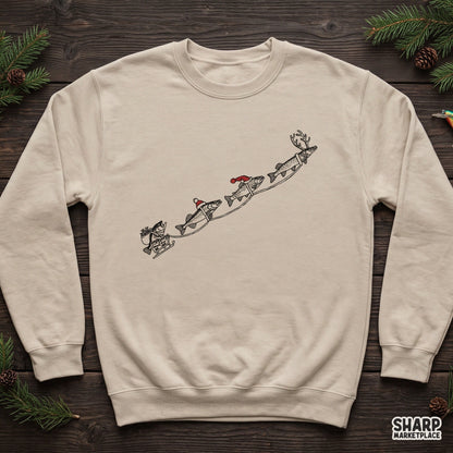 Santa bass sleigh pulled by flying reindeer trout, funny Christmas fishing PNG design for t-shirt prints