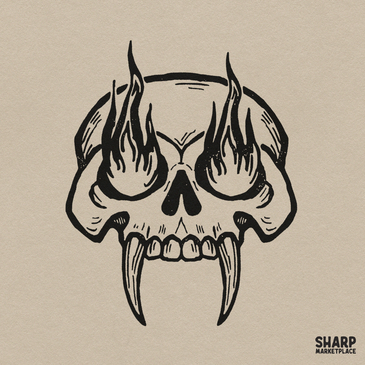 Woodcut fanged cranium skull PNG with eye flames for Halloween t-shirts and spooky streetwear apparel