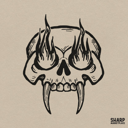 Woodcut fanged cranium skull PNG with eye flames for Halloween t-shirts and spooky streetwear apparel