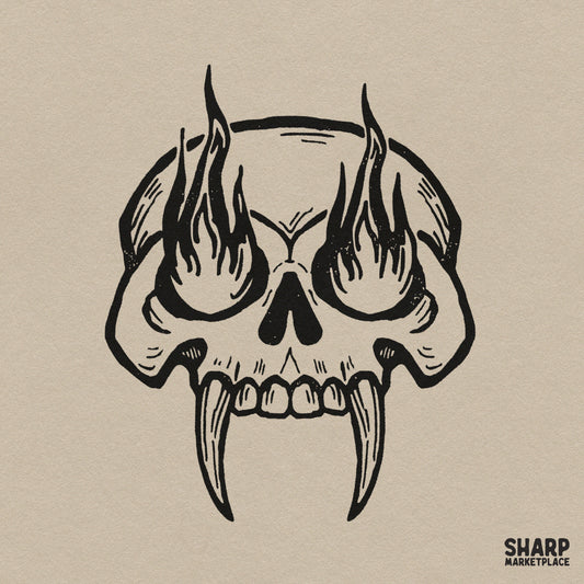 Woodcut fanged cranium skull PNG with eye flames for Halloween t-shirts and spooky streetwear apparel