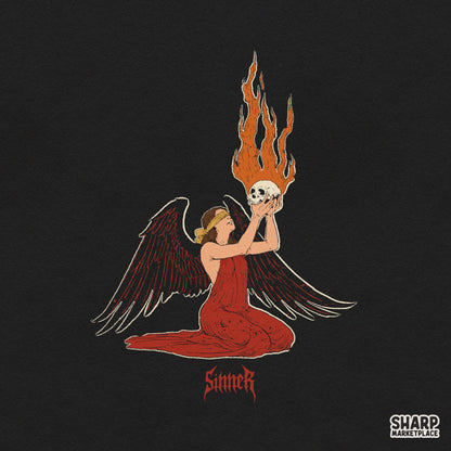 Sinner Dark Winged Angel Holding Flaming Skull DTF PNG
