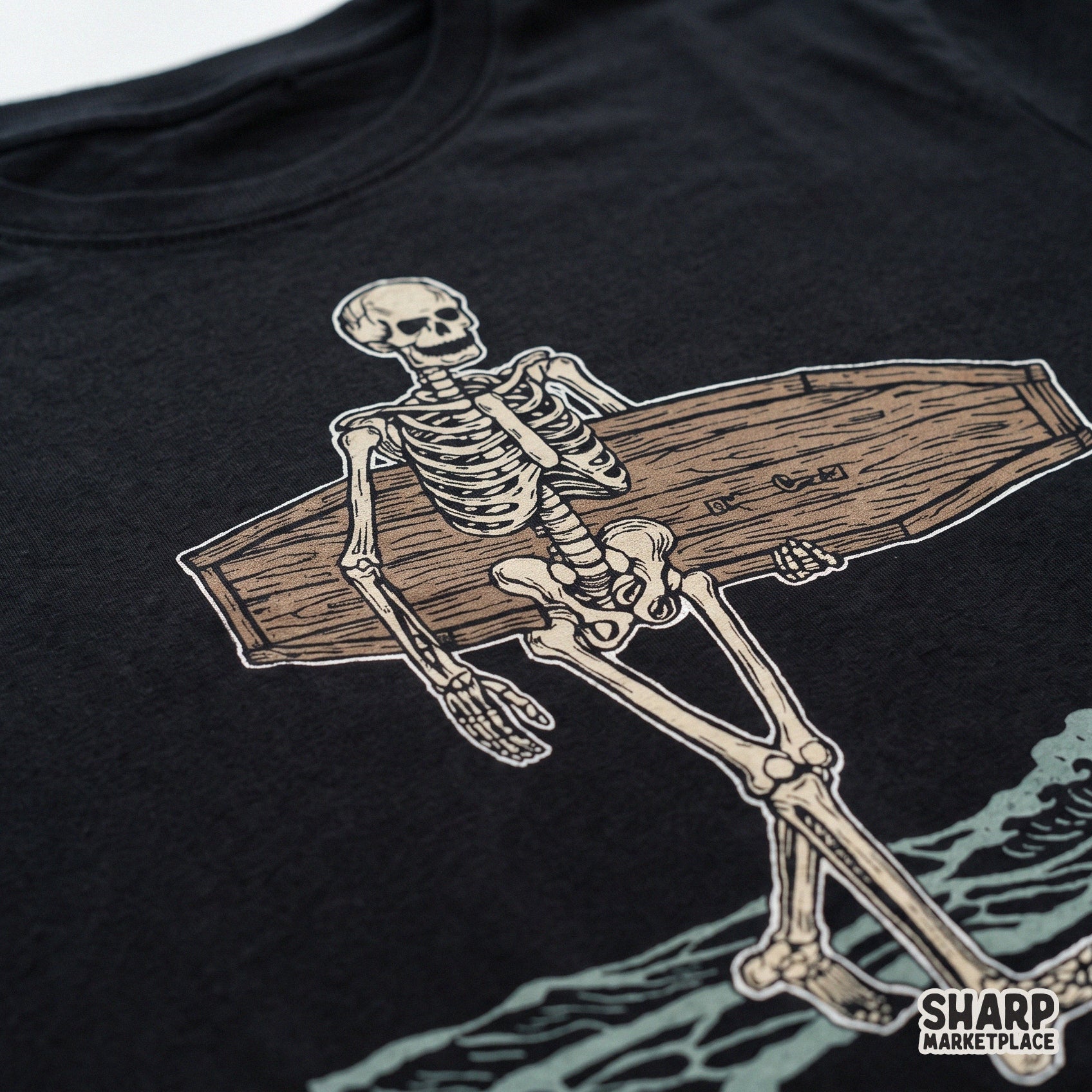 Vintage skeleton carrying a coffin surfboard on the beach, funny summer horror design for halloween png t-shirt sublimation
