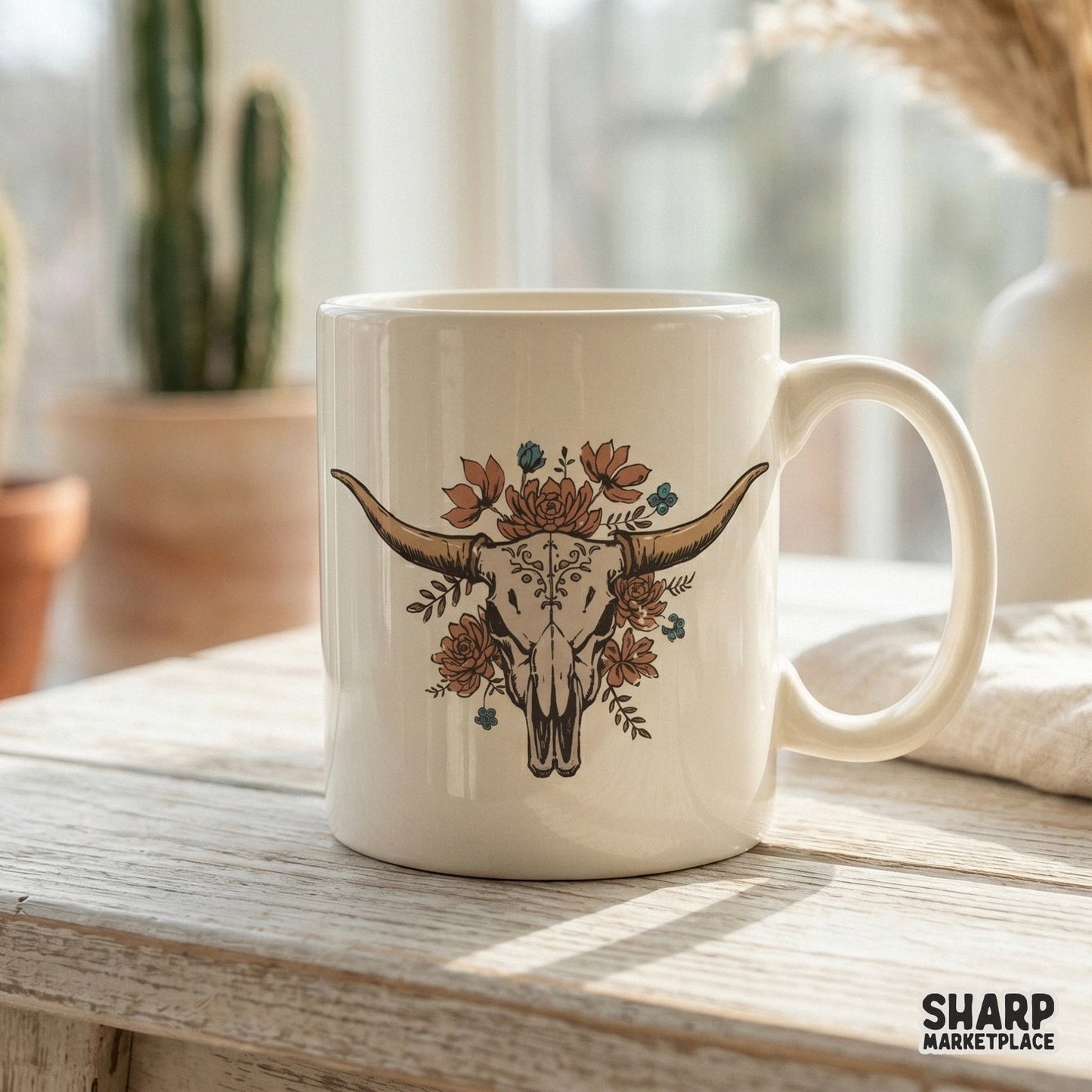 Detailed longhorn skull graphic with vintage etched patterns and desert blooms, designed for DIY sublimation, heat transfers, and trendy ranch-style crafts.
