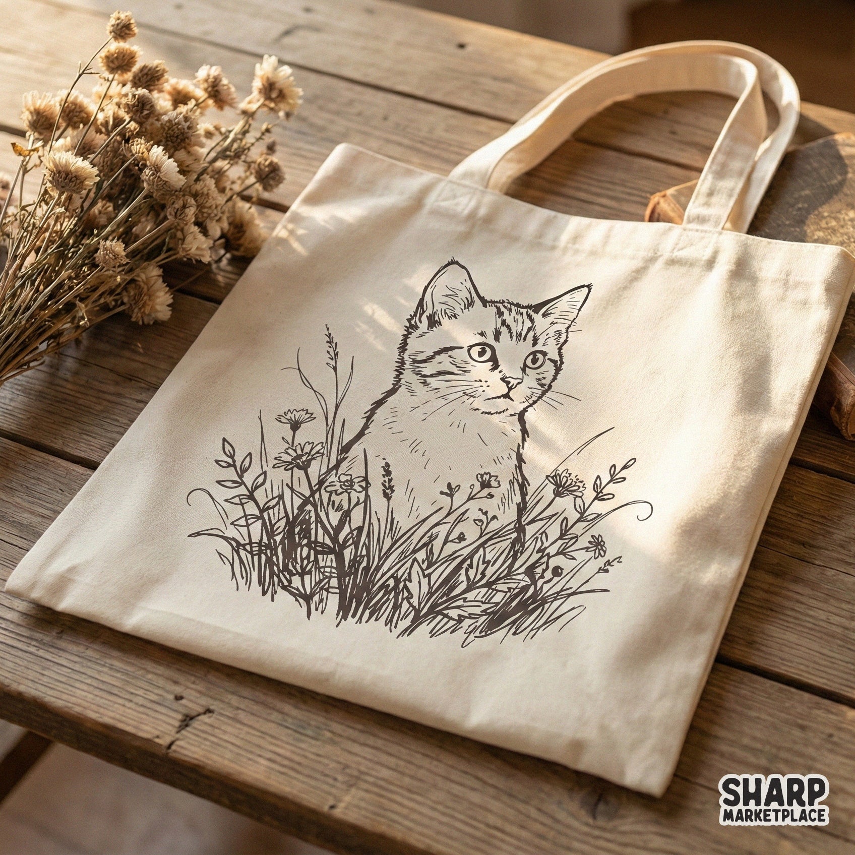 Detailed botanical cat illustration featuring a kitten nestled in flowers, displayed as a black design on a beige canvas tote bag mockup.