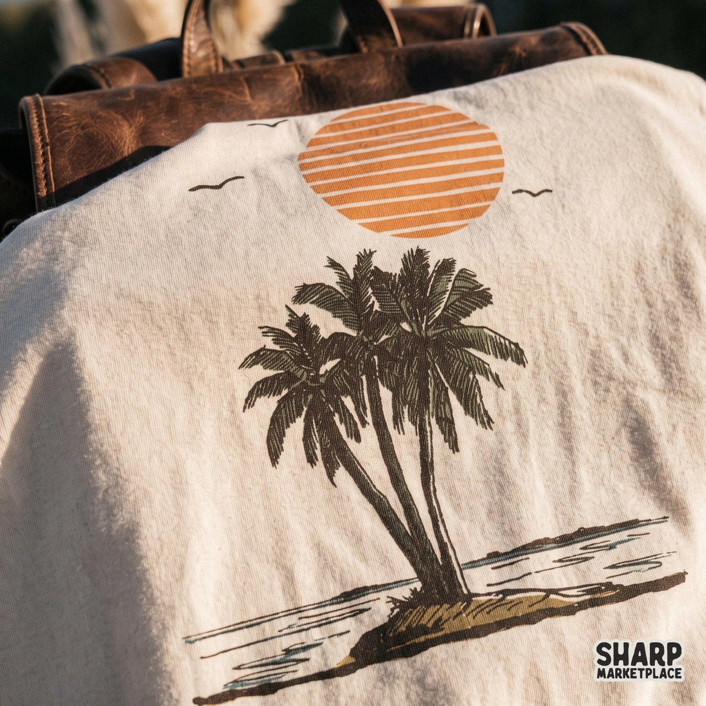 Retro beach sunset with palm trees and island scene for summer png sublimation with vintage ocean cruise vibes
