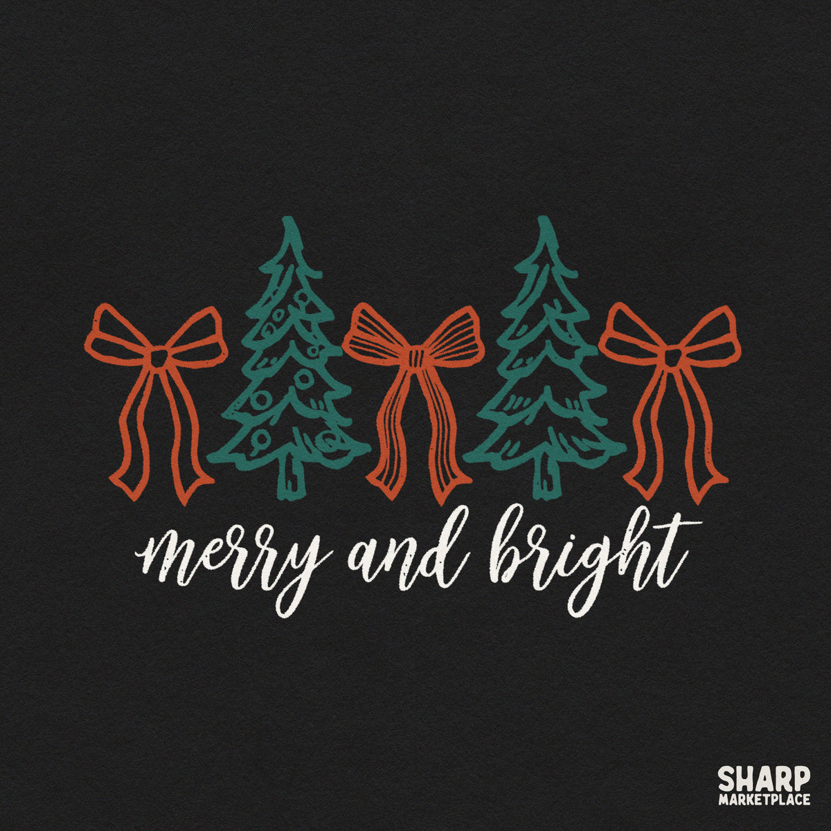 Coquette bow Merry and Bright Christmas PNG design with pine trees for holiday shirt sublimation
