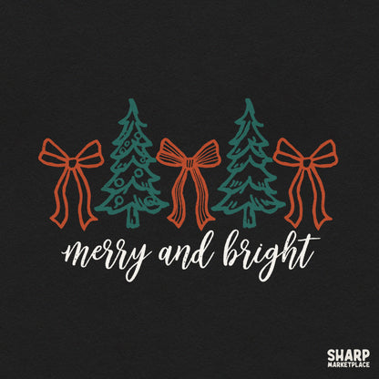 Coquette bow Merry and Bright Christmas PNG design with pine trees for holiday shirt sublimation