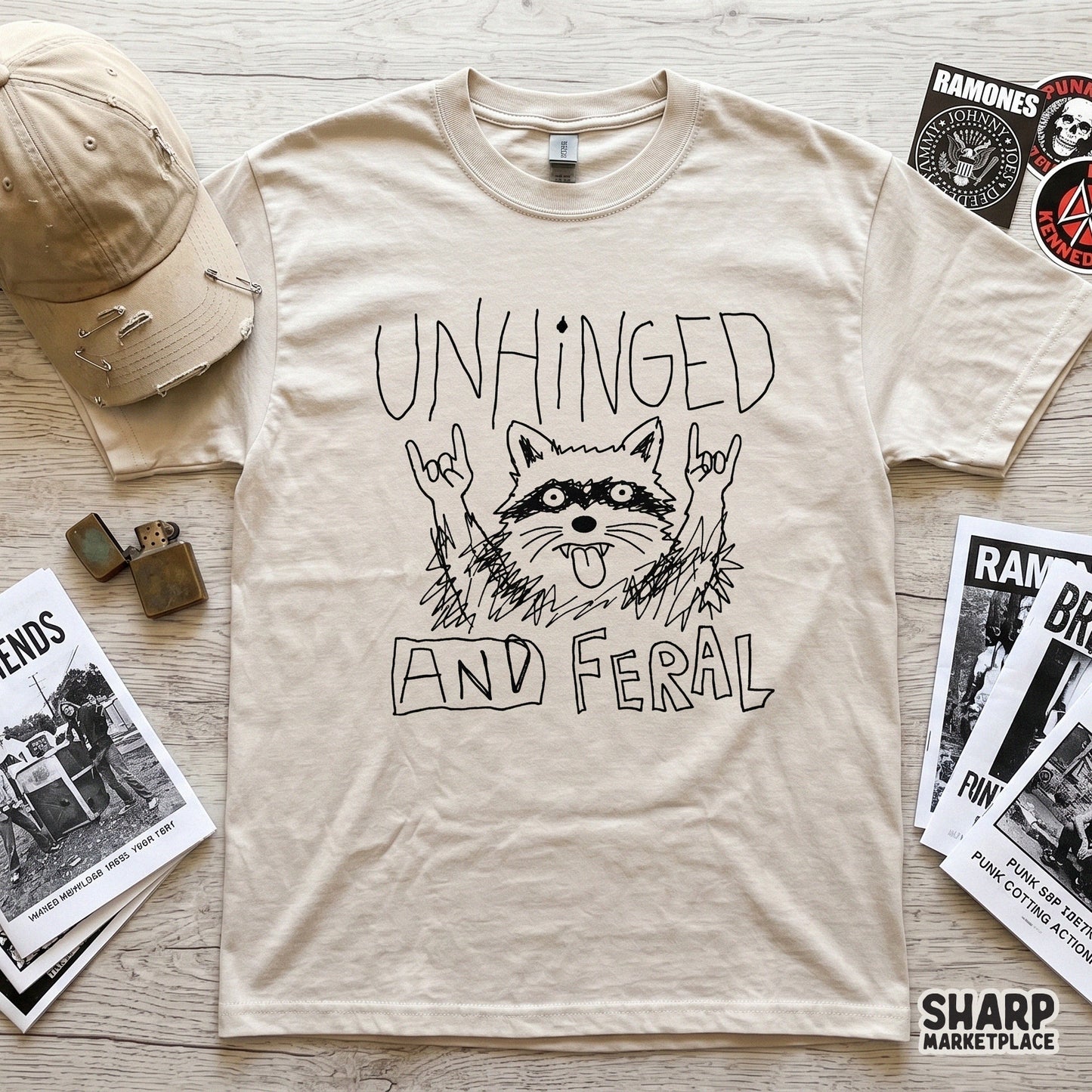 Digital download design featuring a funny trash panda with a scribbled aesthetic, tongue out, and rock hands, ideal for sarcastic shirts or tumblers.