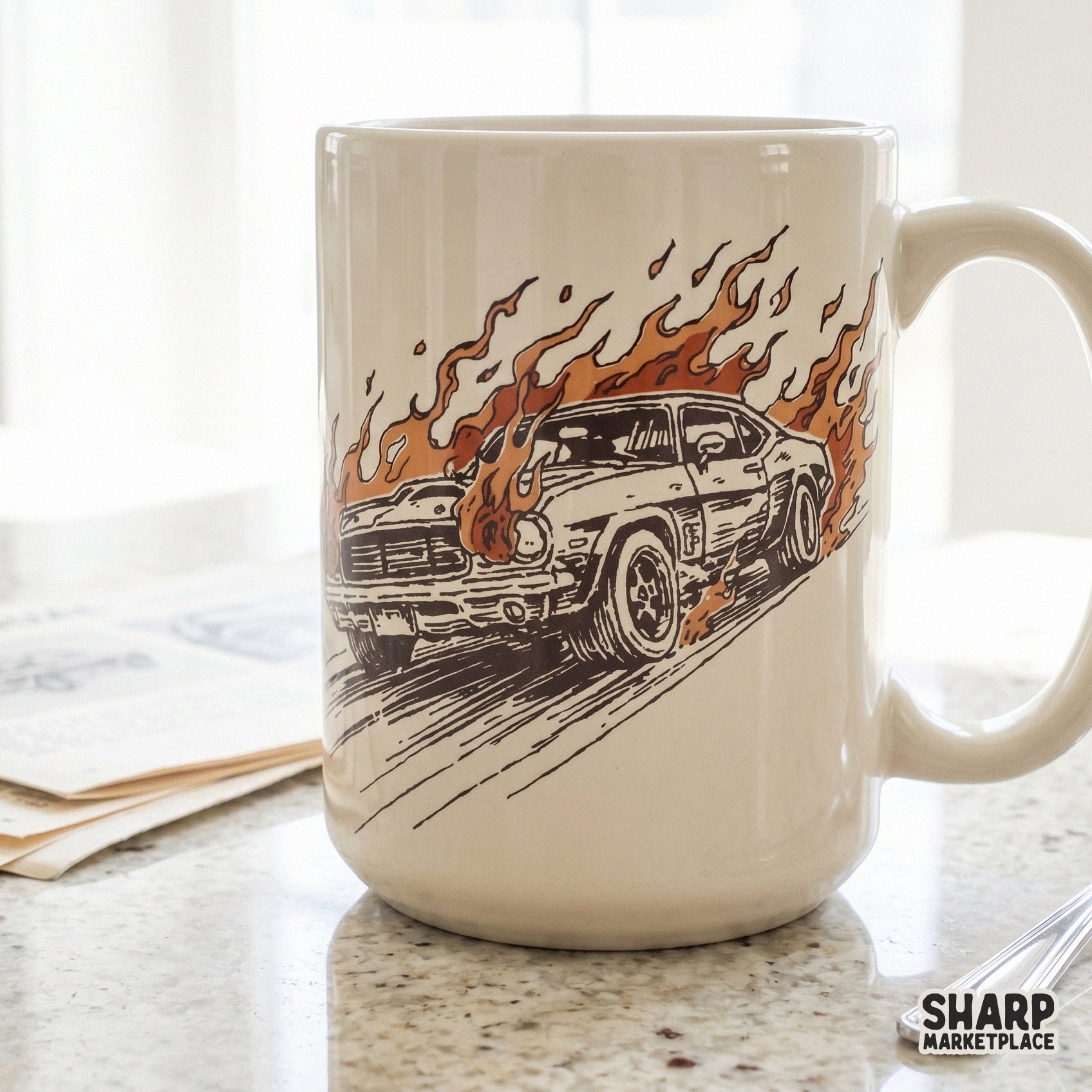 Retro hot rod illustration featuring a flaming muscle car on a white ceramic mug, perfect for custom sublimation or apparel projects.