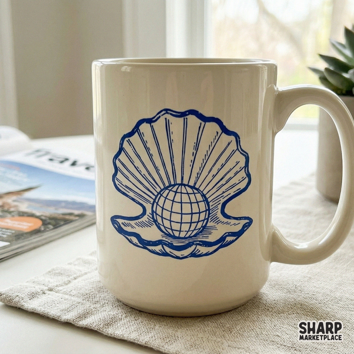 Monochromatic nautical sketch of a shell and globe, a versatile digital graphic for creating summer apparel, stickers, and home decor projects.