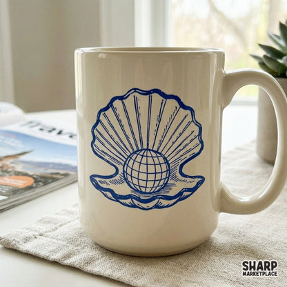 Monochromatic nautical sketch of a shell and globe, a versatile digital graphic for creating summer apparel, stickers, and home decor projects.