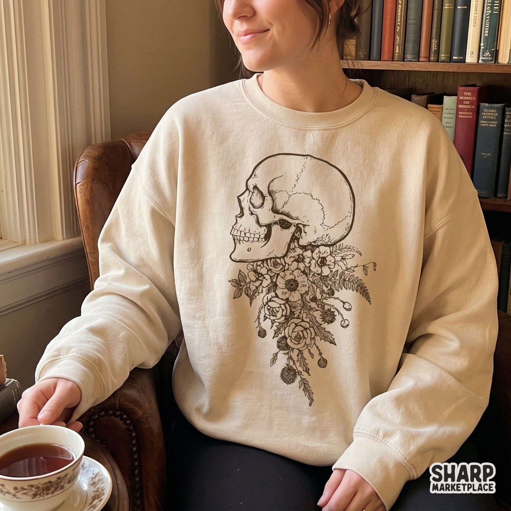 Vintage side profile skull with wildflowers botanical flora design for dark academia shirt png transfers