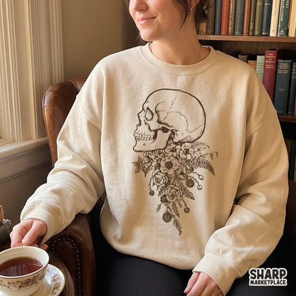 Vintage side profile skull with wildflowers botanical flora design for dark academia shirt png transfers