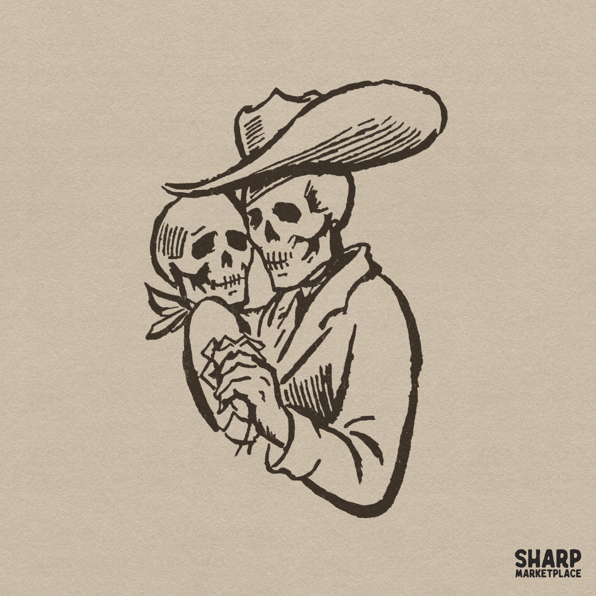 Vintage western line art illustration of two skeletons embracing, featuring a cowboy in a wide-brimmed hat, perfect for gothic apparel.