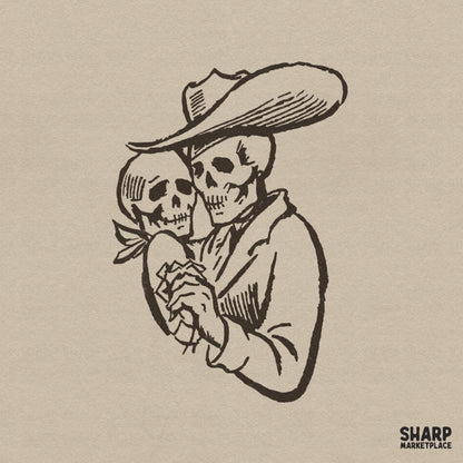 Vintage western line art illustration of two skeletons embracing, featuring a cowboy in a wide-brimmed hat, perfect for gothic apparel.